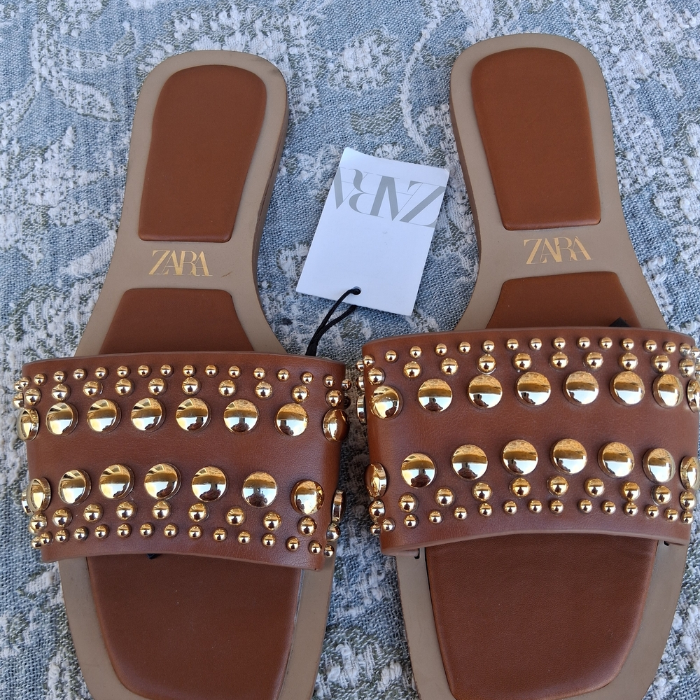 🌴 NWT Zara Brown Gold Studded Women's Sandals Sz. 40/9 - Picture 4 of 8